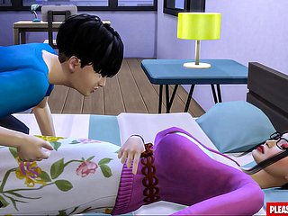 Stiefzoon neukt de Koreaanse stepmom Aziatische stiefmoeder deelt hetzelfde adjoin met haar stiefzoon in de hotelkamer